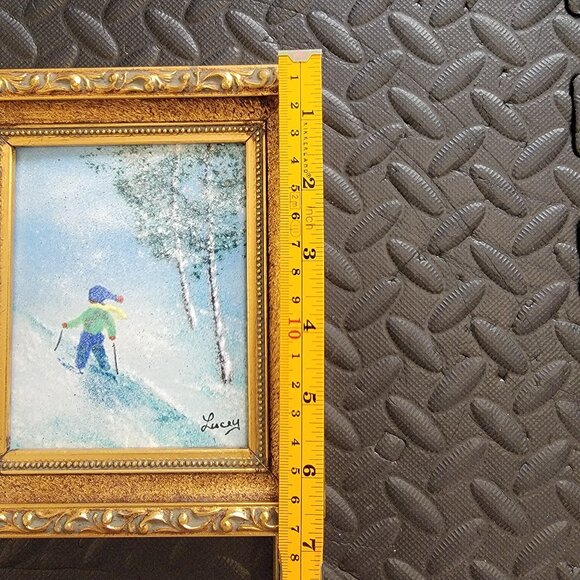 Winter Ski Scene Enamel on Copper Artwork By Jean Lucey, Framed & Signed, 7"x6" - Picture 7 of 16